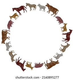 Decorative circle border from various drawn farm animals