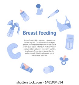 Decorative circle border with vector breastfeeding objects. Wreath cartoon illustration with text space. Vector icon