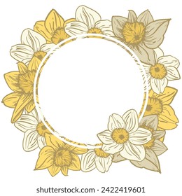 A decorative circle of branches is highlighted on a white background. A pattern of leaves. Vector illustration. For nature, eco and design. Hand-drawn plants, a frame for a postcard.