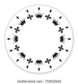 Decorative circle decorated with symbols, crowns. It can be used as a frame, label, tag, decoration. Vector illustration.