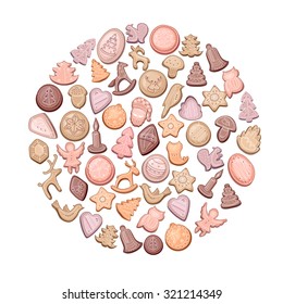 Decorative circle with different cookies. For your design, Christmas announcements, greeting cards, posters.