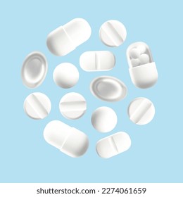 Decorative circle element for medicine and pharmacy banners and cards with medical capsules and pills, realistic vector illustration on blue background.