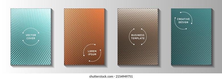 Decorative circle faded screen tone cover page templates vector batch. School magazine perforated screen tone backdrops. Retro cartoon comics style front page leaflets. Gradient design.