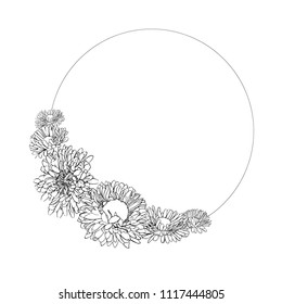 Decorative circle with flowers. Outline daisy illustration isolated on white background.