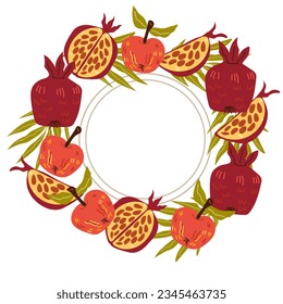 Decorative circle frame with autumn fruits for Rosh-hashanah or other holidays. Circle wreath with pomegranates and apples hand drawn vector illustration isolated on white background.