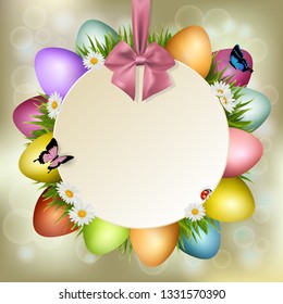 Decorative circle frame with colorful eggs. Easter greeting card. Spring background. Copy space for text. Vector illustration.