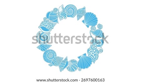 Decorative circle frame comprised entirely of various blue seashells and spiral mollusk shells, offering an elegant border for nautical designs.