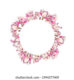 Decorative circle frame for floral design with cherry tree flower and branch. Sakura pink flowers round frame with copy space. Set watercolor elements isolated and editable. Vector stock illustration.
