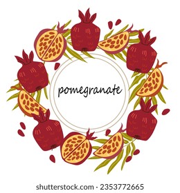 Decorative circle frame with pomegranate fruits for Rosh-hashanah or other holidays. Circle wreath with pomegranate, autumn harvest, hand drawn vector illustration isolated on white background.