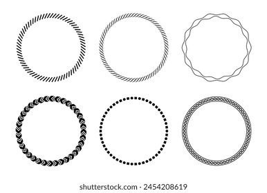 Decorative circle frame template design set of six round border vector illustration. Circle frame detail vector design set. Simple ornament design for labels, covers, invitation cards, text, books.