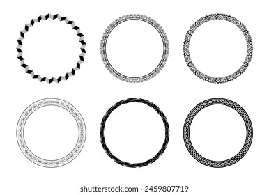 Decorative circle frame template design set of six round border vector pattern. Circle frame detail vector design set. Simple ornament design for labels, covers, invitation cards.