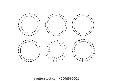Modelo de quadro de círculo decorativo conjunto de seis ilustrações vetoriais de borda redonda. Conjunto de design de vetor de detalhes de quadro de círculo. Design de ornamento simples para etiquetas,
