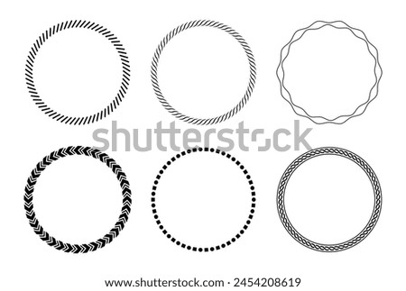 Decorative circle frame template design set of six round border vector illustration. Circle frame detail vector design set. Simple ornament design for labels, covers, invitation cards, text, books.