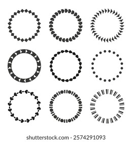 Decorative circle frames. Geometric border design. Black and white shapes. Vector illustrations.