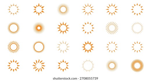  Decorative circle full and half sun and sunlight. Hot solar energy for tan. Vector sign