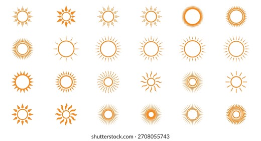  Círculo decorativo lleno y medio sol y luz del sol. Energía solar caliente para bronceado. signo de Vector