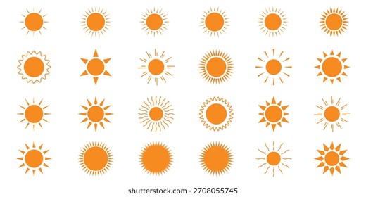  Decorative circle full and half sun and sunlight. Hot solar energy for tan. Vector sign