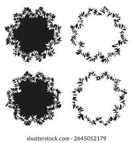Ícones decorativos em círculo. Formas de contorno espetadas. Contornos pretos vetoriais. Conjunto de design abstrato.