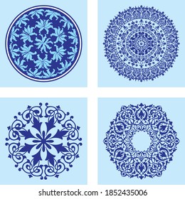 Decorative circle illustration frames for design with floral ornaments. Templates for printing postcards, invitations, books, for textiles, engraving, wooden furniture, forging etc.