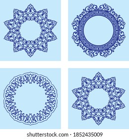 Decorative circle illustration frames for design with floral ornaments. Templates for printing postcards, invitations, books, for textiles, engraving, wooden furniture, forging etc.