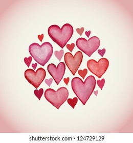 Decorative circle made of watercolor hearts  Valentine's day background. Invitation card. Useful for packaging, wedding invitations, decoration, bag template, scrapbooking elements etc