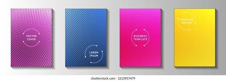 Decorative circle screen tone gradation title page templates vector kit. School journal faded screen tone backdrops. Retro manga comics style cover layouts. Round pixels.
