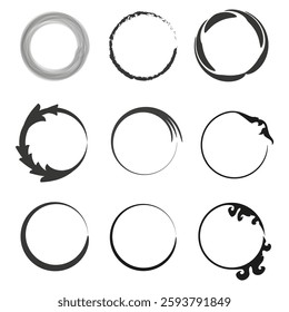 Decorative circle shapes. Artistic circular frames. Abstract brush outlines. Vector illustration. EPS 10.