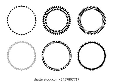 Decorative circle template frame design set of six round border vector pattern. Circle frame detail vector design set. Simple ornament design for labels, covers, invitation cards.