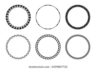 Conjunto decorativo del marco de la Plantilla del círculo de seis Ilustraciones vectoriales redondas del borde. Conjunto de diseño de Vector de detalle de marco circular. Diseño de adorno simple para etiquetas, cubiertas, tarjetas de invitación.