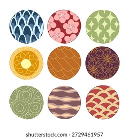 Decorative circles showcasing a diverse collection of traditional asian patterns and ornamental motifs, perfect for design elements, cultural backdrops, or creative projects