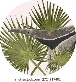 A decorative circular composition with a giant anteater and Mauritius palm leaves. Realistic vector organic geometry with an animal and a plant.