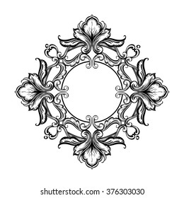 Decorative circular floral frame with stylized leaves. Artistic element drawing on a tablet. Contour black frame on white background.