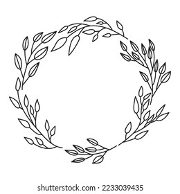 Decorative circular frame. Floral wreath with hand-drawn leaves and branches.