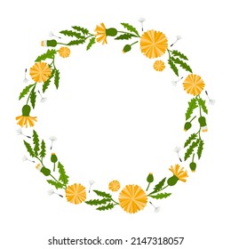 Decorative circular frame with with flowers, inflorescence and leaves of dandelions. Perfect as a photo frame, for scrapbooking, postcards, posters, invitation cards.