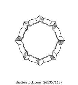 A decorative circular frame with glass border and pointed sides. Drawn by hand in a border style perfect for monograms or logo design. 