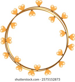 Decorative circular frame made of intertwined golden rings adorned with small, glossy  hearts yellow, creating an elegant and romantic design.  Ideal for Valentine's Day, wedding invitations, 