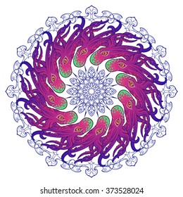 Decorative circular frame in mandala style. Colorful octopus. Vintage vector pattern isolated on white. Tattoo design. EPS10 vector illustration.