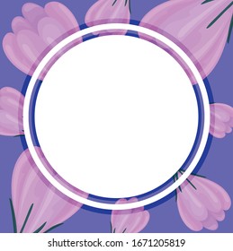 decorative circular frame over floral background with purple flowers, vector illustration