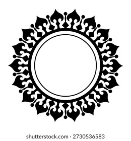 Uma moldura circular decorativa com motivos florais e ornamentais pretos simétricos em torno de um centro branco limpo