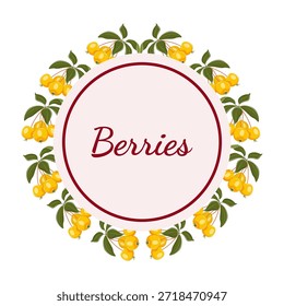 Decorative circular frame with yellow crabapple and leaves. Elegant botanical wreath for labels, wedding stationery, packaging, branding, invitations and natural themed design.
