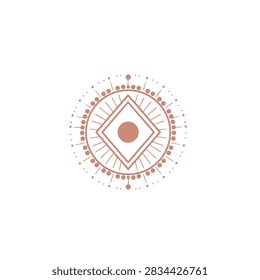A decorative circular geometric mandala design featuring a central diamond and delicate rose gold linear patterns on a white background
