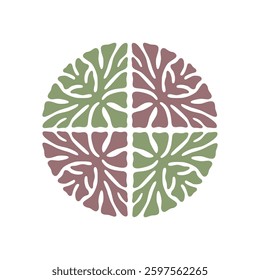 Decorative circular ornament with a geometric floral pattern in green and purple. Perfect for logos, stickers, embroidery