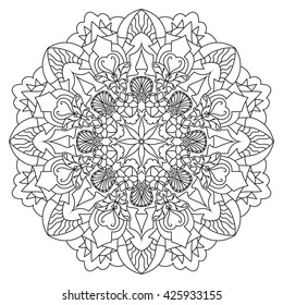 Decorative circular ornament of lines, petals and butterflies
