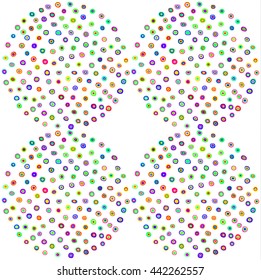 Decorative circular pattern with colored circles and ovals, candies, dots. Hand-drawn.