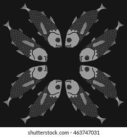 Decorative  circular sea  pattern, stripes,  hole, spots,waves,scale, fishes, doodles,  copy space . Hand drawn.