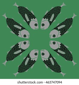 Decorative  circular sea  pattern, stripes,  hole, spots,waves,scale, fishes, doodles,  copy space . Hand drawn.
