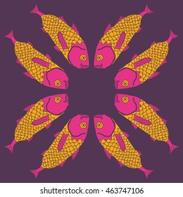 Decorative  circular sea  pattern, stripes,  hole, spots,waves,scale, fishes, doodles,  copy space . Hand drawn.