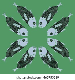 Decorative  circular sea  pattern, stripes,  hole, spots,waves,scale, fishes, doodles,  copy space . Hand drawn.