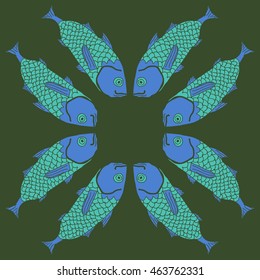 Decorative  circular sea  pattern, stripes,  hole, spots,waves,scale, fishes, doodles,  copy space . Hand drawn.