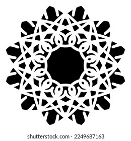 Símbolo circular decorativo con ornamento geométrico árabe. Mandala de mosaico blanco y negro vectorial